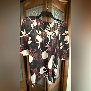 Vintage Talbots Sheer Top Dark Floral 3/4 Sleeve Women’s  Sz  L.   Black Red